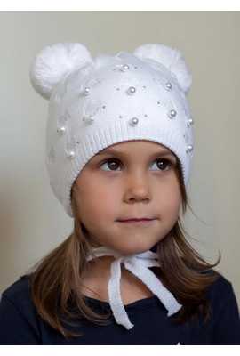 Детская двойная шапочка для девочек c бусинками и стразами (1-6 лет, р.46-54) -100 белый