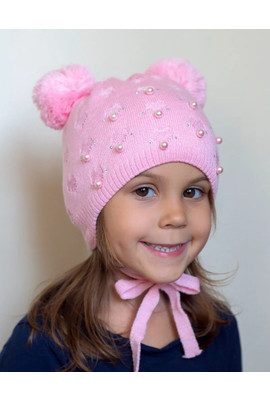 Детская двойная шапочка для девочек c бусинками и стразами (1-6 лет, р.46-54) -100 розовый