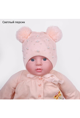 Детская двойная шапочка для девочек c бусинками и стразами (1-6 лет, р.46-54) -100 светлый персик