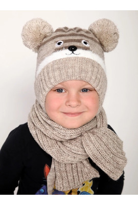 Детская зимняя шапка с мордочкой и двумя помпонами (9 мес - 2 года) Вини - 123 бежевый