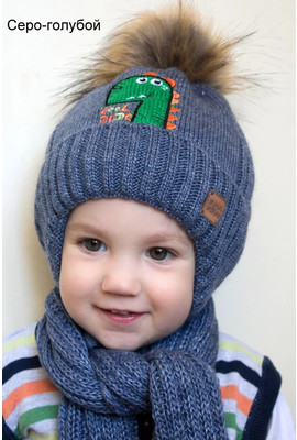 Зимняя шапка для мальчика (1-2 года) с махровым мехом Дино - 070 серо-голубой