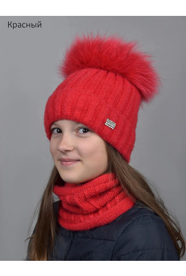 Зимний комплект (шапка с помпоном-кольцо бублик+хомут) Шик 150 красный