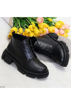 Черные ботинки из натуральной кожи молния + шнуровка - 8750