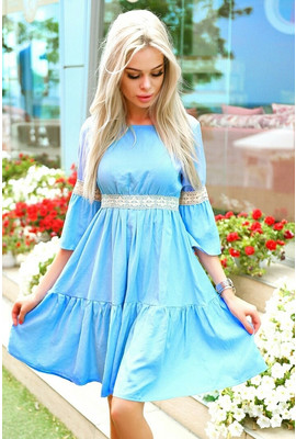 Летнее льняное платье с кружевом 9185-1 голубое