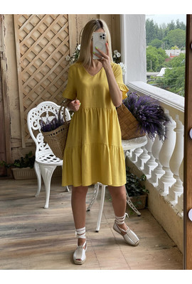 Жёлтое платье свободного кроя из льна 0302