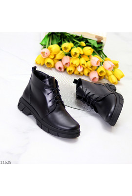 Черные кожаные женские ботинки Rain 11629 натуральная кожа на флисе