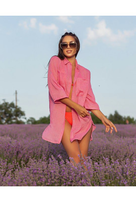 Пляжная туника-рубашка большого размера 50-54 Вуаль Жатка 10151-10 розовая